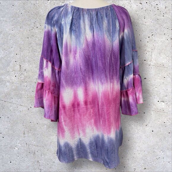 Calessa Tie Dye Tunic Large Purple Blue Pink Floral Embroidered 3/4 Tier Sleeve - Picture 5 of 8
